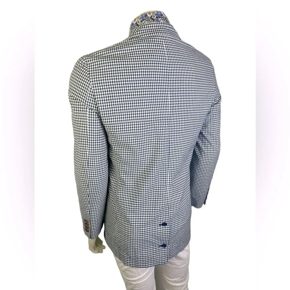 Robert Graham Casual 2 Button Navy/Cream Gingham Classic Fit Blazer Like New 36